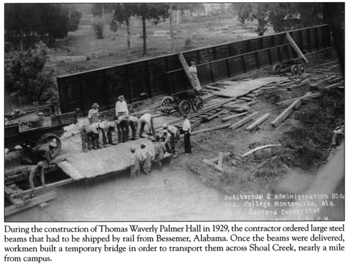 Steel Girders crossing Shoal Creek in 1929 intended for Palmer Hall, under construction.